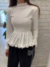 韩国ins秋冬新款韩系百搭时尚花边拼接半高领收腰打底长袖上衣