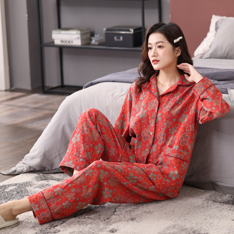 Nueva primavera y otoño de algodón de las mujeres pijamas de algodón de doble capa de hilo Jacquard de manga larga más tamaño traje de desgaste para el hogar se puede usar fuera