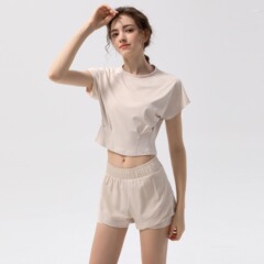 春夏新款休閒速干短袖短褲寬鬆純色短款瑜伽運動假兩件健身服套裝