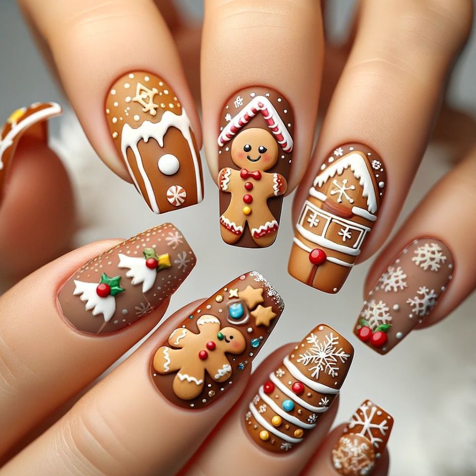 Wm-147 Christmas Gingerbread Man Fake Nails Autumn and Winter Cute Snowflake Christmas Cartoon Wearable Nails Wholesale
