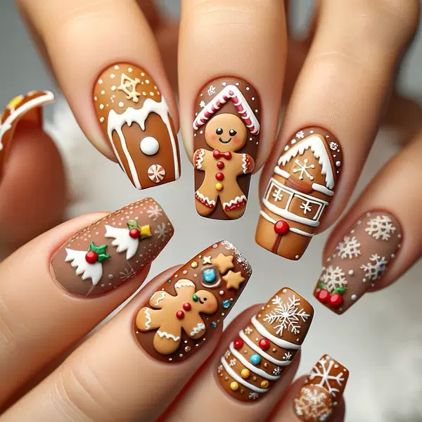Wm-147 Christmas Gingerbread Man Fake Nails Autumn and Winter Cute Snowflake Christmas Cartoon Wearable Nails Wholesale