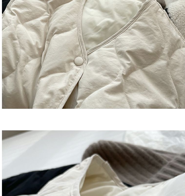 Collarless lamb wool splicing light and thin winter Korean version loose small fragrant dia plaid warm cotton jacket_voghion.com