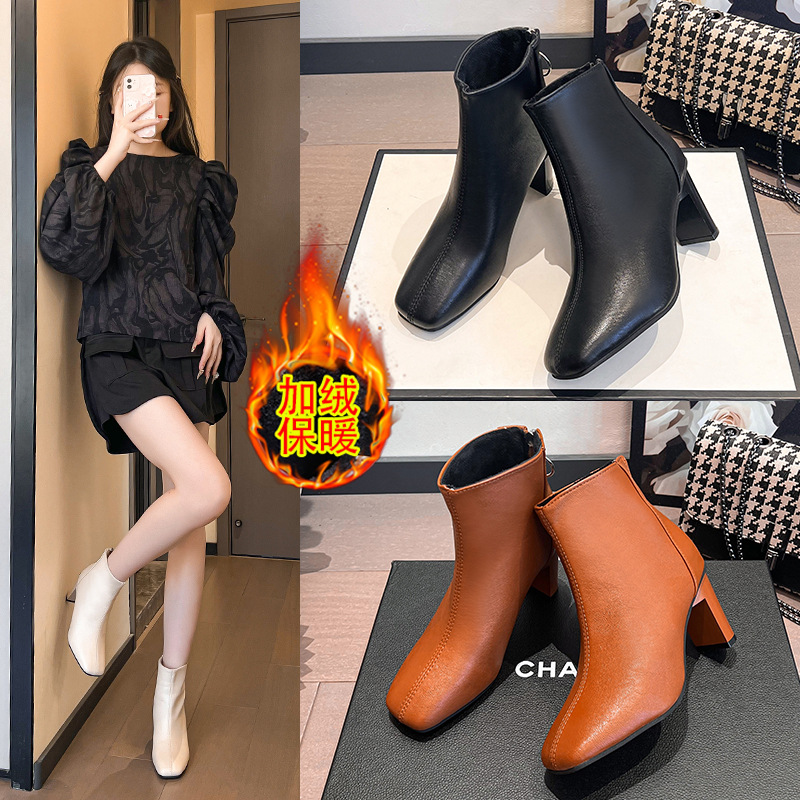 2026 Autumn New Style Elegant Back Zipper Chunky Heel High Heel Martin Boots for Women Korean Version Square Toe Fashionable Export Fashion Women's Boots