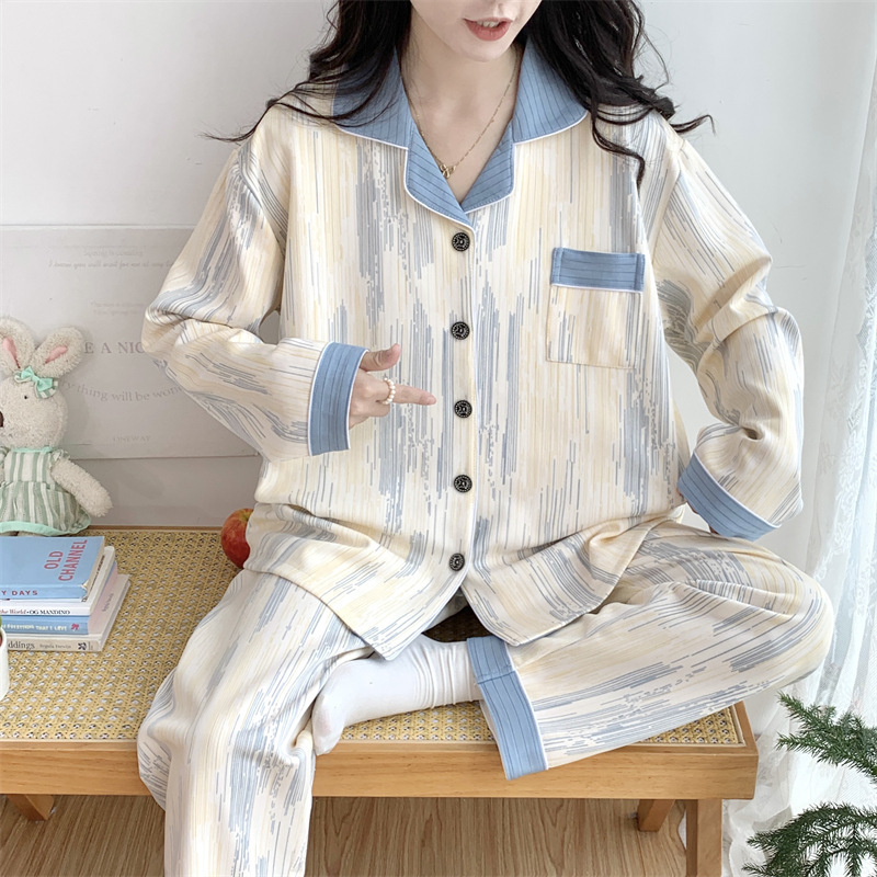 Foreign trade chubby girl plus fat plus size pajamas women's spring and autumn sweet contrast color streamer 300kg home clothes can be worn outside