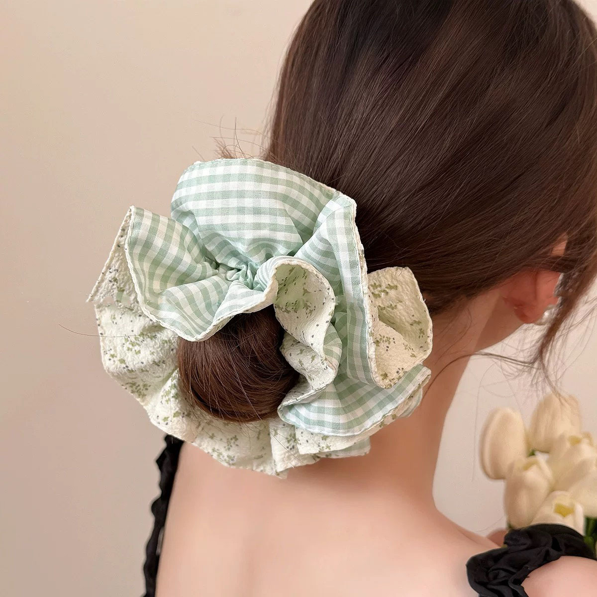 Primavera y verano, esbeltas nubes de color crema francesa de alta calidad, lazo para el cabello grande, cola de caballo, lazo de intestino grueso, tocado, flor para la cabeza