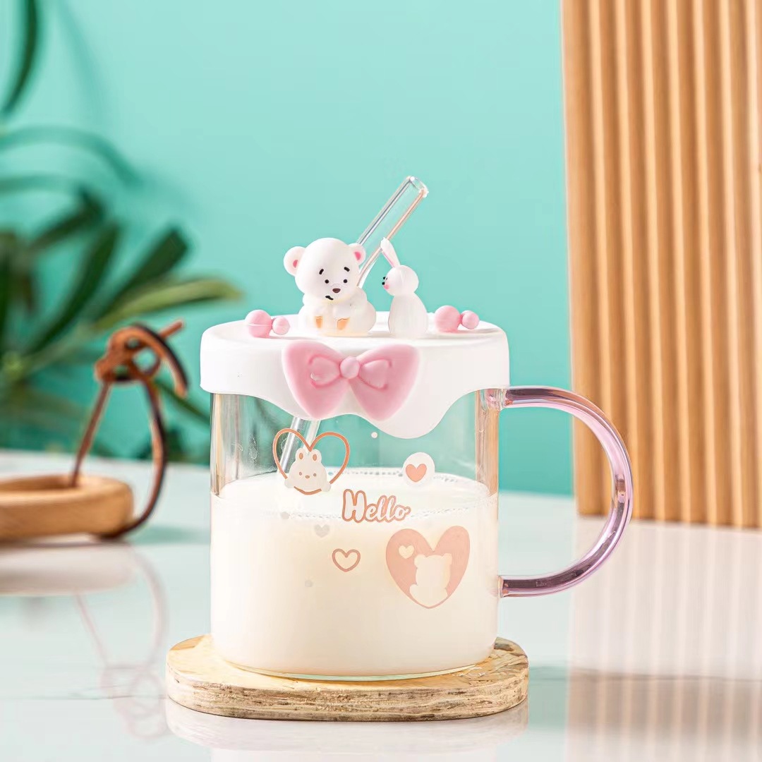Animal lindo de la historieta vidrio transparente con tapa silicona personalizada taza paja Rosa chica corazón regalo