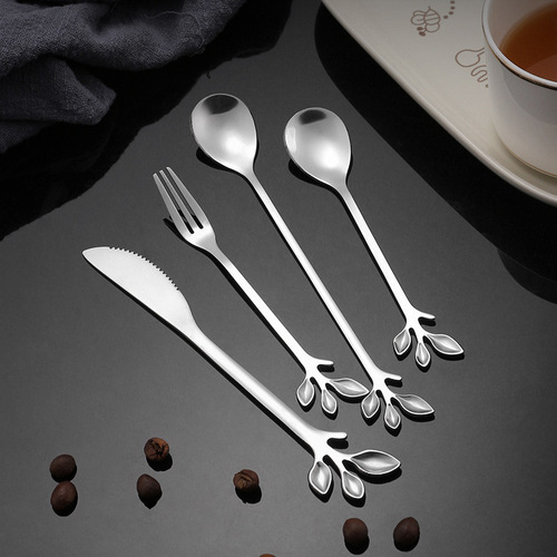 Stainless steel leaf coffee spoon Western-style tableware knife and fork spoon creative gold-plated long-handled mixing spoon fruit pick gift spoon