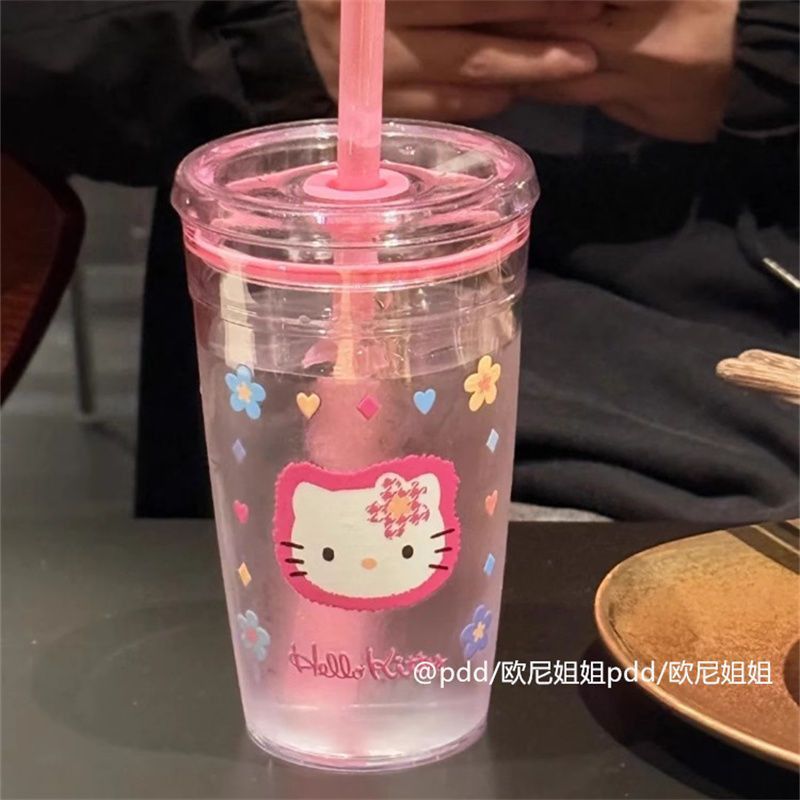 kt凯蒂猫吸管杯女生可爱高颜值水杯便携透明塑料杯学生简约随行杯|undefined