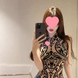 新中式夏复古印花国风感性感微透网纱气质立领上衣女连体背心