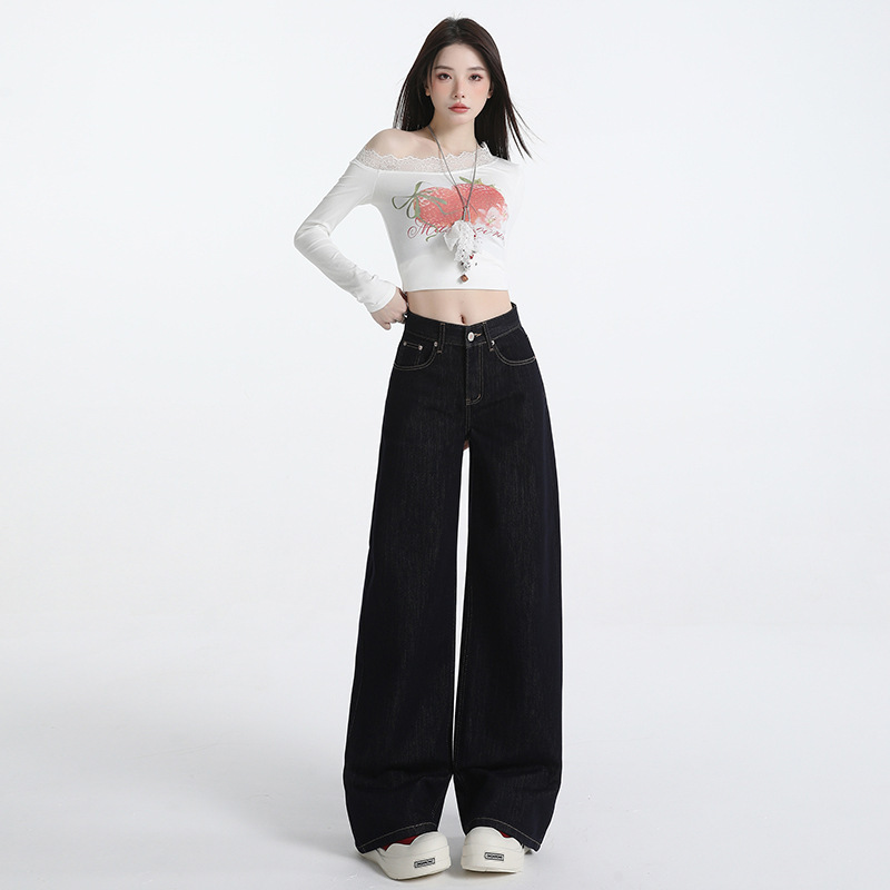 秋季美式深蓝直筒牛仔裤女新款高腰宽松垂感舒适显瘦百搭阔腿裤子|undefined