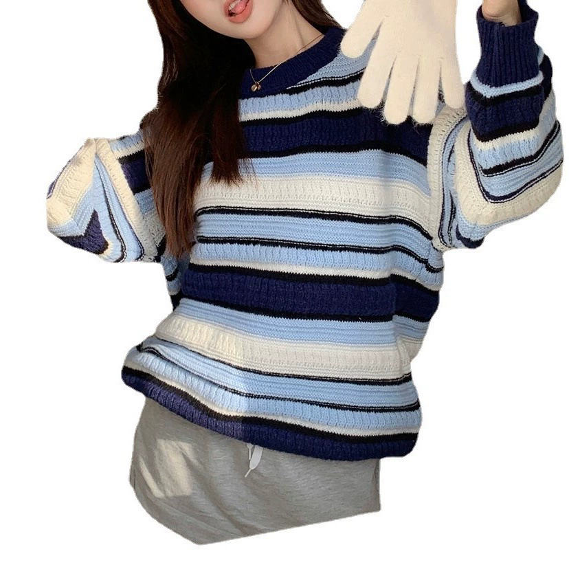 Striped Twist Knit Sweater for Women, Loose Oversized, Spring–Autumn Casual Top