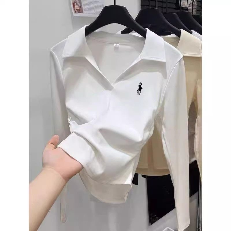 Women's Slim Fit Embroidered Base Layer T-Shirt Long Sleeve Collared Design Off-Shoulder Top For Autumn Winter Unique Style_voghion.com