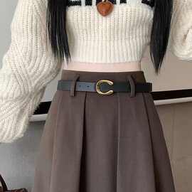 毛呢半身裙女秋冬新款伞裙高腰显瘦百褶裙中长款插口袋