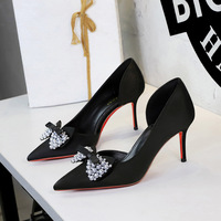 9267-AH165 European and American style banquet pearl embellishment bow pointed women's shoes side empty slim heels high heels single shoes for women