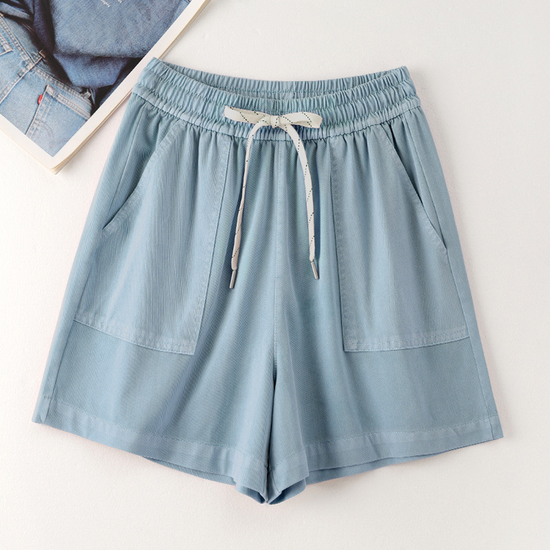 Tencel Washed Denim Shorts Women's Summer Thin Large Pocket Lace-Up High Waist Casual Triple Pants for Running Outer Wear