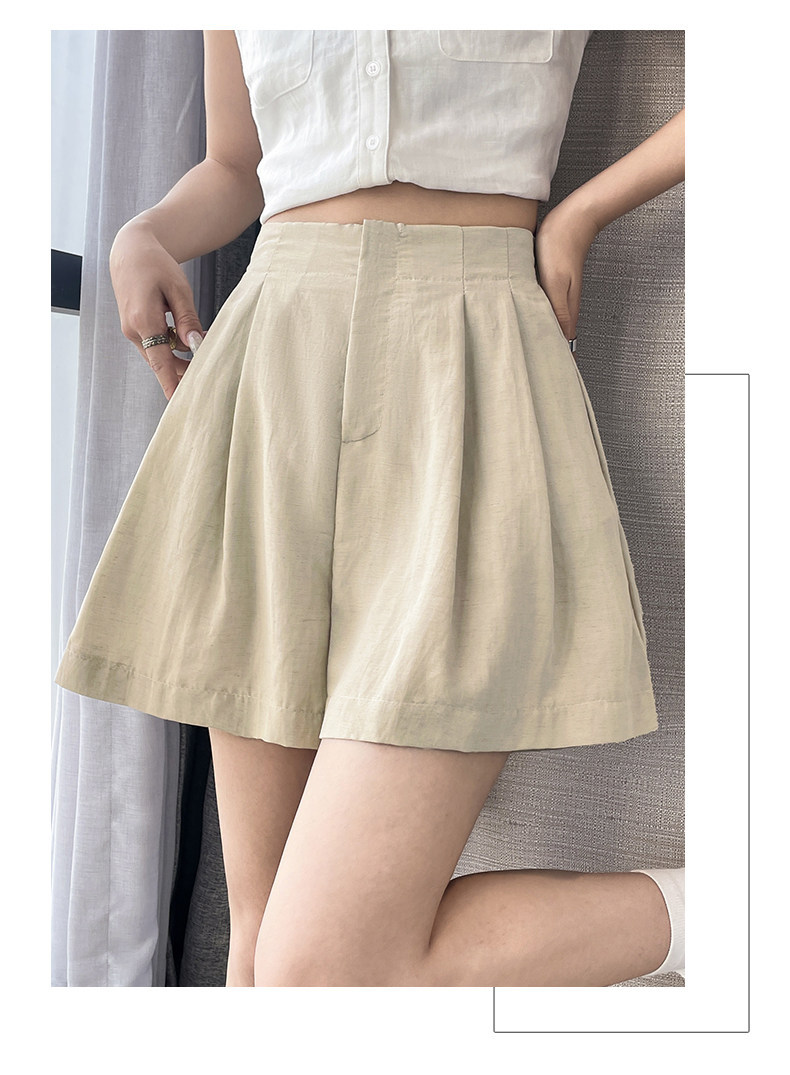 Quần short nữ vải lanh cạp cao ống rộng dáng suông mùa hè — màu đen chi tiết 26