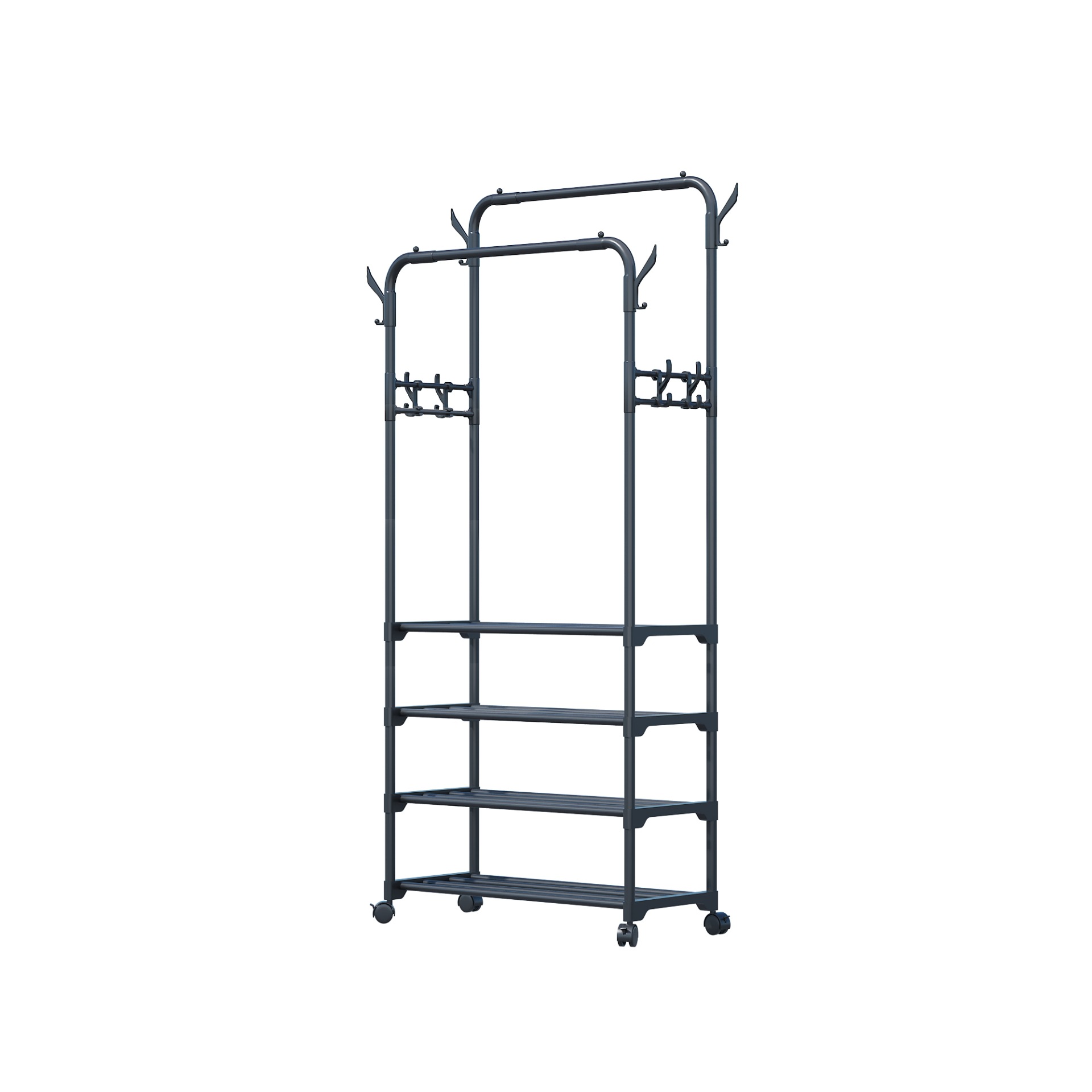 Perchero Multiuso de Pie de Acero Inoxidable Móvil con Doble Barra para Dormitorio