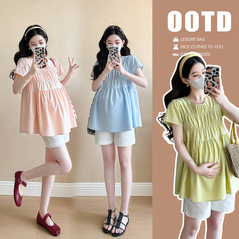 Pregnant Women's Belly Covering Top 2025 Summer Short Sleeve Thin Loose Doll Shirt Shorts suit
