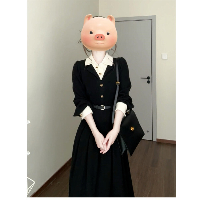 法式高级感黑色polo领衬衫连衣裙子女2025新款夏季穿搭假两件长裙|undefined