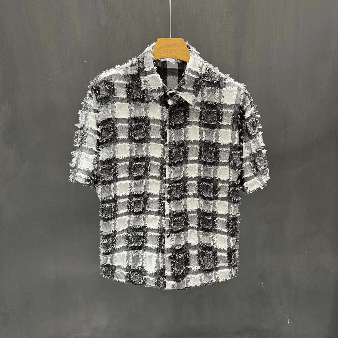 Fashionable Brand Fashionable Raw Edge Plaid Men's Short-sleeved Shirt Top Summer Thin Stylish Handsome Versatile Half-sleeved Trendy QC-Foto von 1688 auf Qualit.ly
