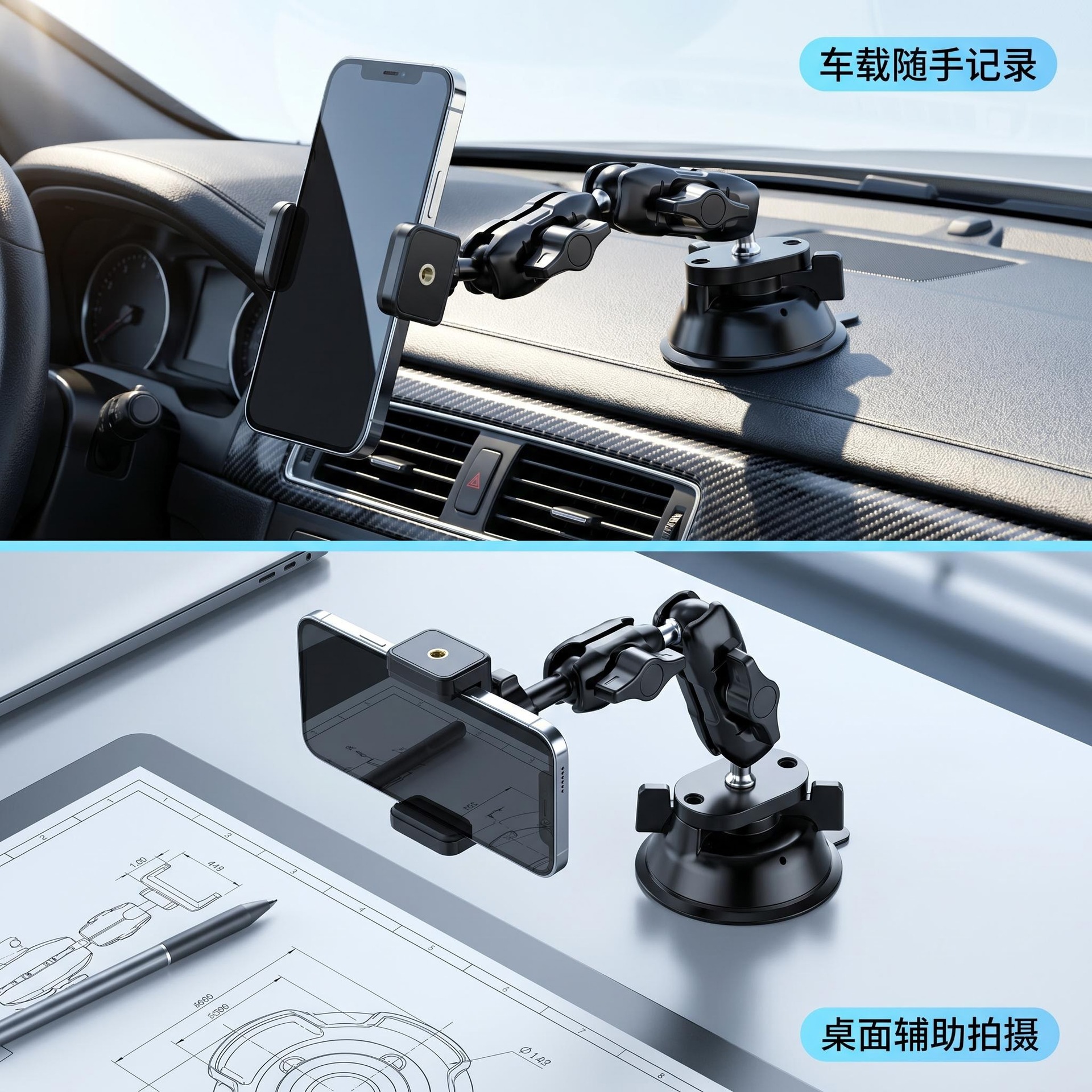 Car-Mounted First-Person Perspective Shooting Bracket, In-Car Navigation Live Streaming Bracket, Multi-Functional Universal Suction Cup Phone Holder