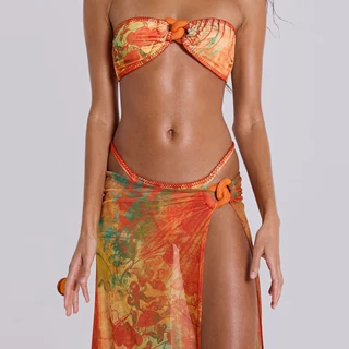 2026新款外贸三件套泳装抹胸比基尼性感印花泳衣女套装bikini619