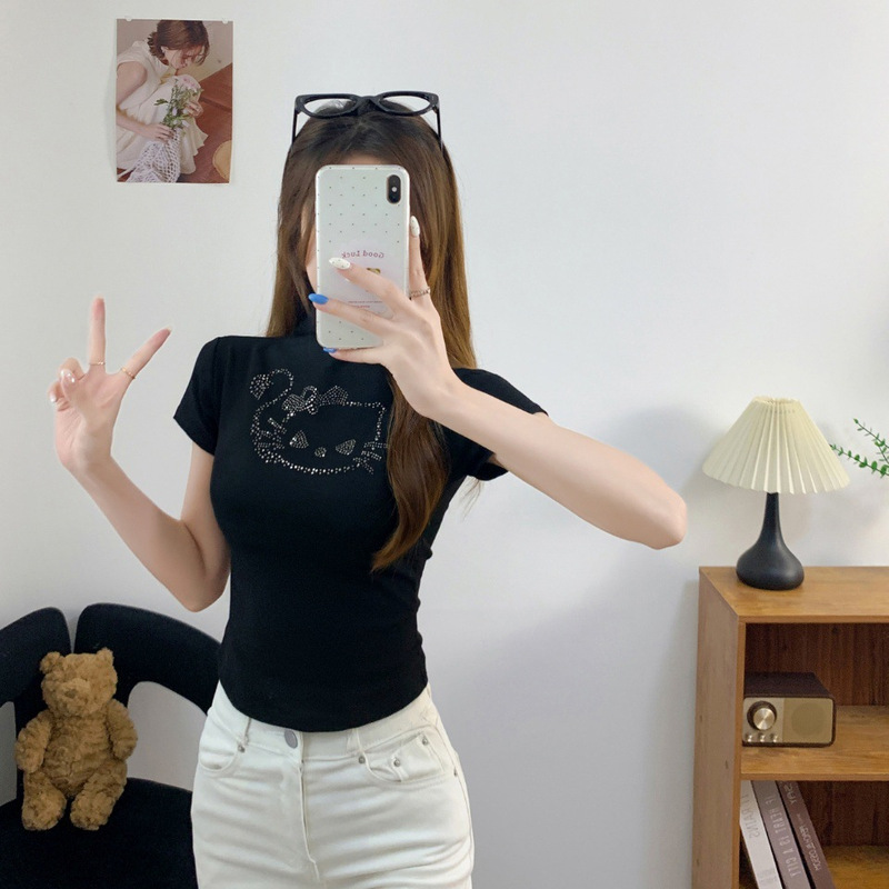 8511 # Summer New Style Hot Girl Rhinestone Half-High Collar Patchwork Short-Sleeve T-Shirt for Women, Slim Fit with Built-In Chest Pads 8511 # Summer New Style Hot Girl Rhinestone Half-High Collar Patchwork Short-Sleeve T-Shirt for Women, Slim Fit with Built-In Chest Pads
