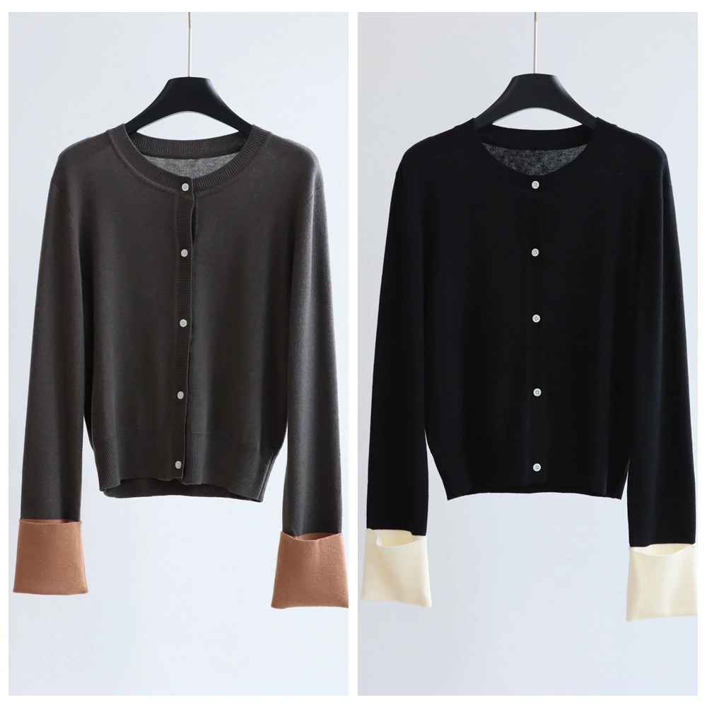 Трикотаж с манжетами в стиле Хепберн, закрученный край, круглый вырез, кардиган, шерстяной трикотаж с цветными блоками, женский топ, свободная куртка