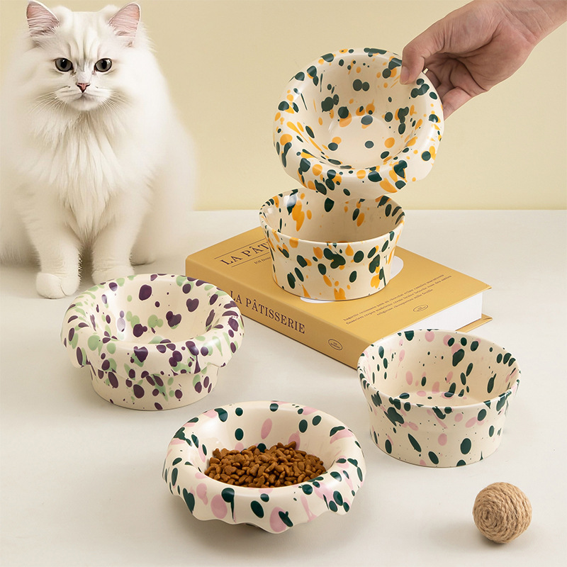 ins泼墨气泡宠物双碗护颈防打翻猫食盆釉下彩陶瓷猫咪饭碗宠物碗|undefined
