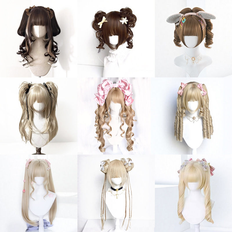 Wig Female Lolita Lolita Clip Double Ponytail Roman Curly Full Headgear Doll-Like Golden Black Brown Straight Curly Hair