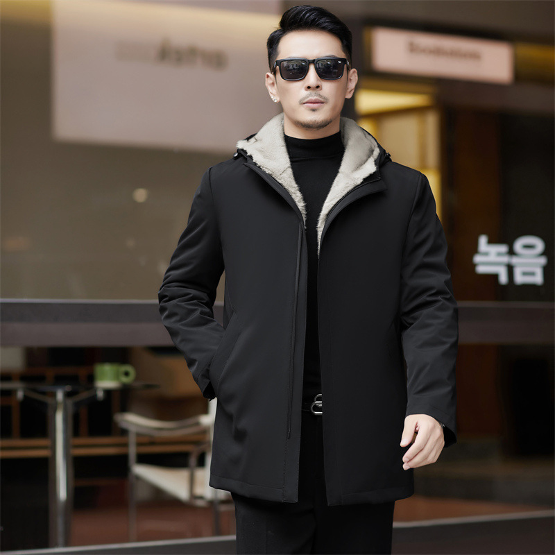 브랜드 남성 파커 의류 실버 세이블 라이너 2024 겨울 중년 비즈니스 캐주얼 두꺼운 따뜻한 후드 재킷
