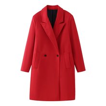 2024春季新品欧美跨境女装中长款混纺双排扣长款红色大衣外套