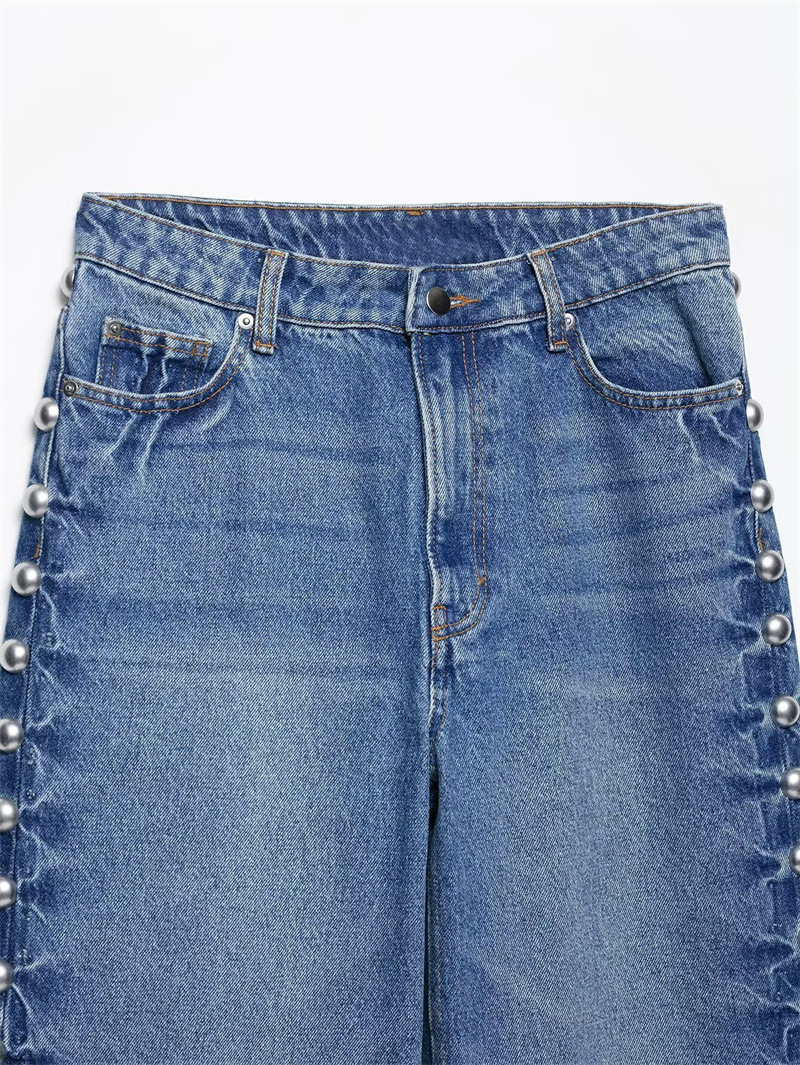 High-waisted Straight Jeans With Metal Rivets For Women_voghion.com