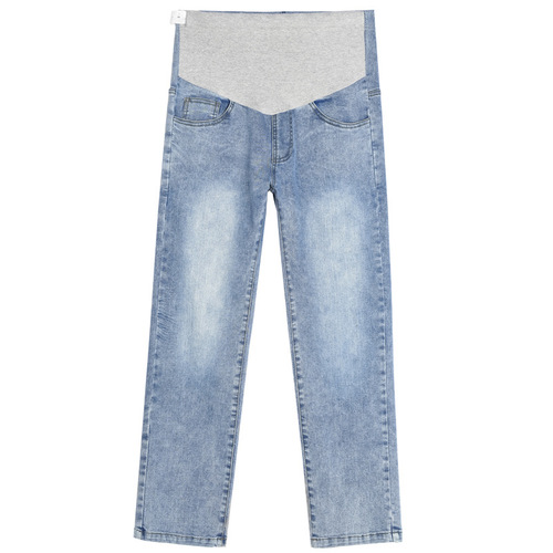 Spring maternity jeans: Straight-leg, high-waisted, slimming, highly elastic cigarette pants—stylish maternity wear in extended plus sizes.