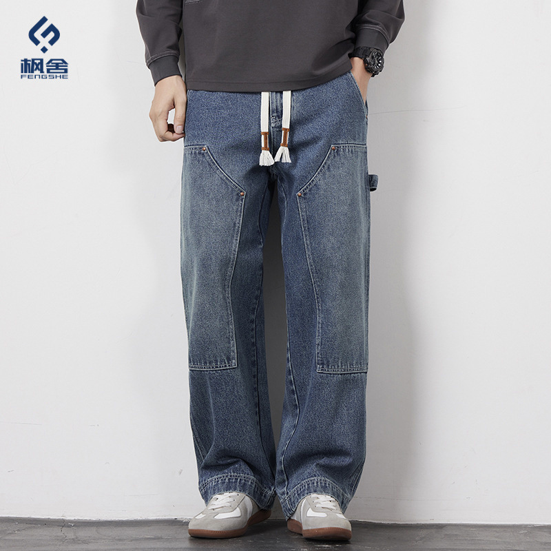 Fengshe Men's Clothing / New Spring and Autumn American Retro Double-Knee Lumberjack Jeans, Distressed Loose Straight Wide-Leg Pants