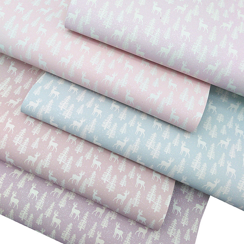 圣诞树麋鹿印花羊巴皮革闪布仿棉绒底PU皮革DIY发饰面料童鞋B139