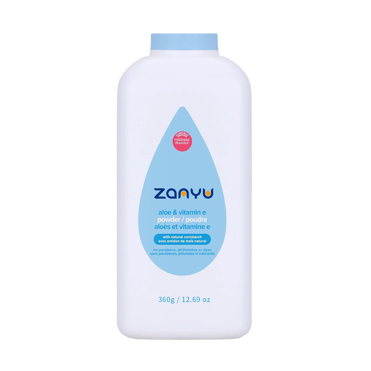 Детская тальковая пудра на заказ, 360 г, большая емкость, алоэ вера, витамин Е, впитывает влагу и сохраняет сухость, экспорт в Россию