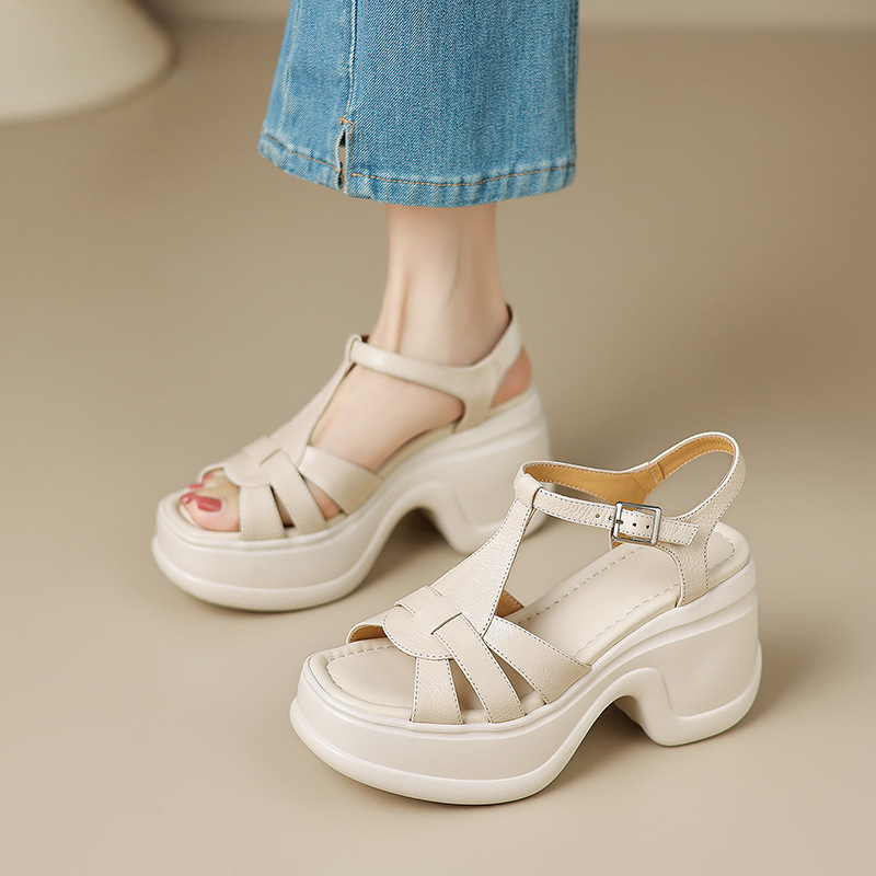 Sandal cao gót nữ đế xuồng đan lát hở mũi quai chữ T — màu trắng ngà, màu mơ