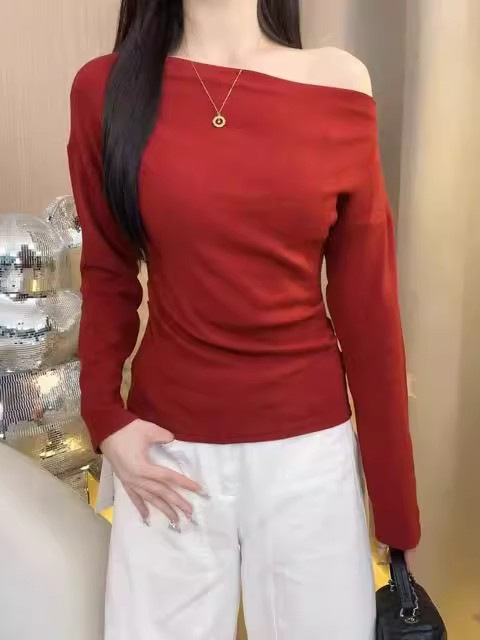 一字肩条纹长袖T恤女2025秋季新款复古松驰感短款收腰小众上衣ins|undefined