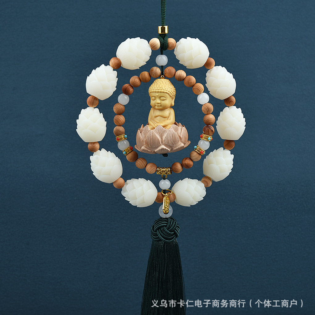Mu Ding Yao – Peach Wood Car Car hanging - double-ring-small-buddha-arborvitae-green