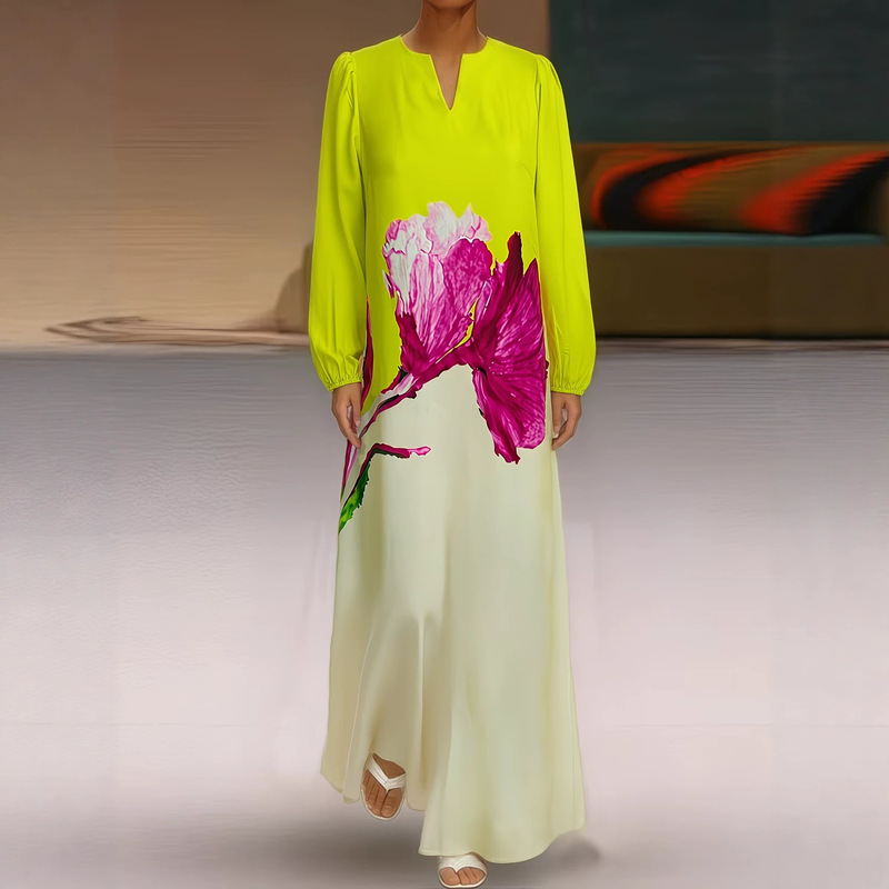Cross-Border Exclusive Supply for Europe and America, Hot-Selling Ink Wash Positioning Print Long Robe with V-Neck, Lantern Sleeves, Loose-Fitting Floor-Length Dress Cross-Border Exclusive Supply for Europe and America, Hot-Selling Ink Wash Positioning Print Long Robe with V-Neck, Lantern Sleeves, Loose-Fitting Floor-Length Dress