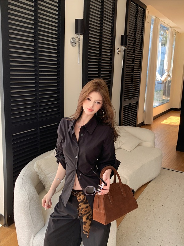 实拍 ！黑色酷飒衬衫长裤套装女chic感长袖上衣休闲阔腿裤潮|undefined