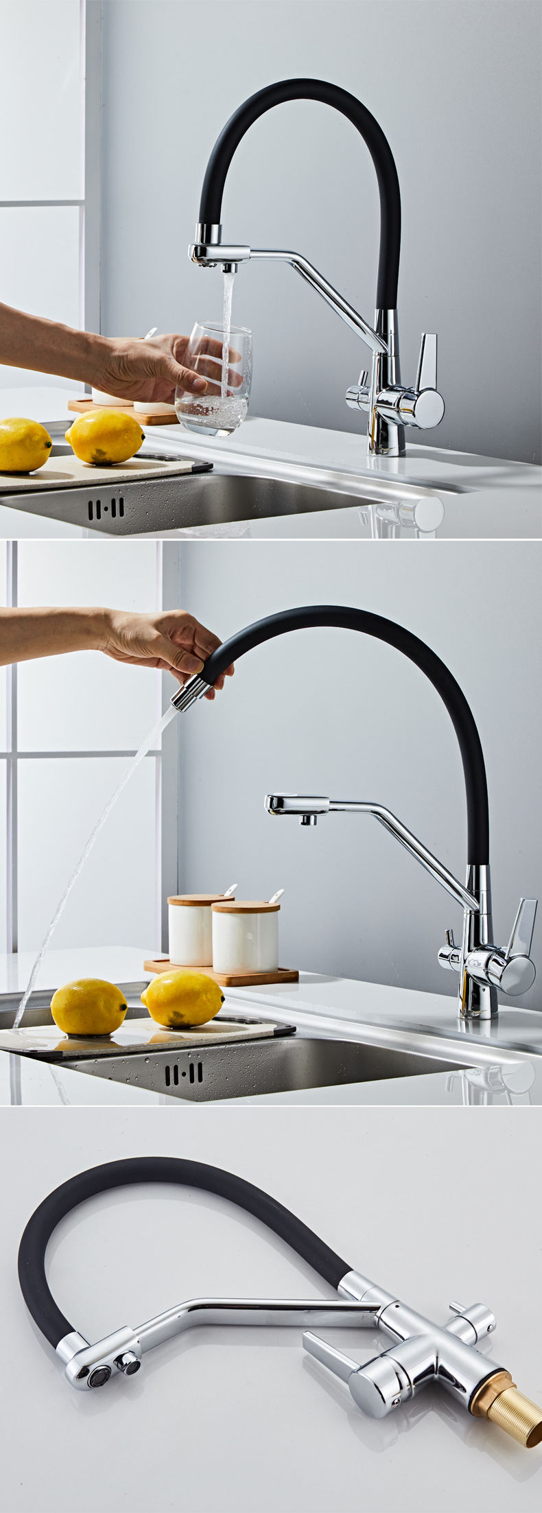 The three-in-one kitchen faucet for cross-border trade is made of all-copper and features a rotatable and pull-out sink with a single hole for direct drinking of cold and hot purified water undefined