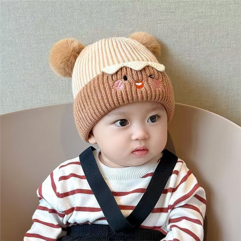 宝宝帽子秋冬季可爱洋气毛球套头帽婴幼儿加厚保暖护耳针织毛线帽|undefined