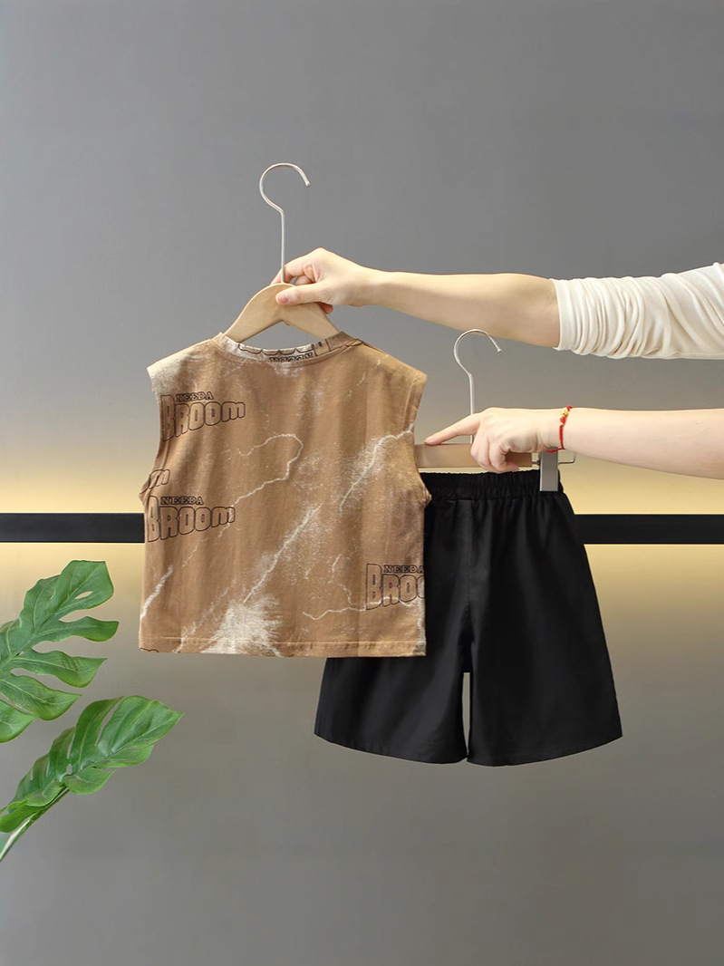 7910 traje de chaleco de verano para niños 2025 nueva ropa de bebé de dos piezas sin mangas delgadas de verano para niños de moda