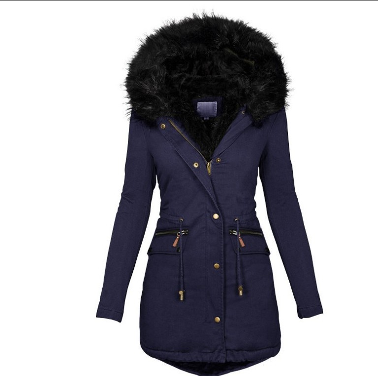 Transfronterizo deseo Amazon ropa de mujer europea y americana de otoño e invierno de color sólido Cuello de piel con capucha de longitud media cálido abrigo de algodón acolchado para las mujeres