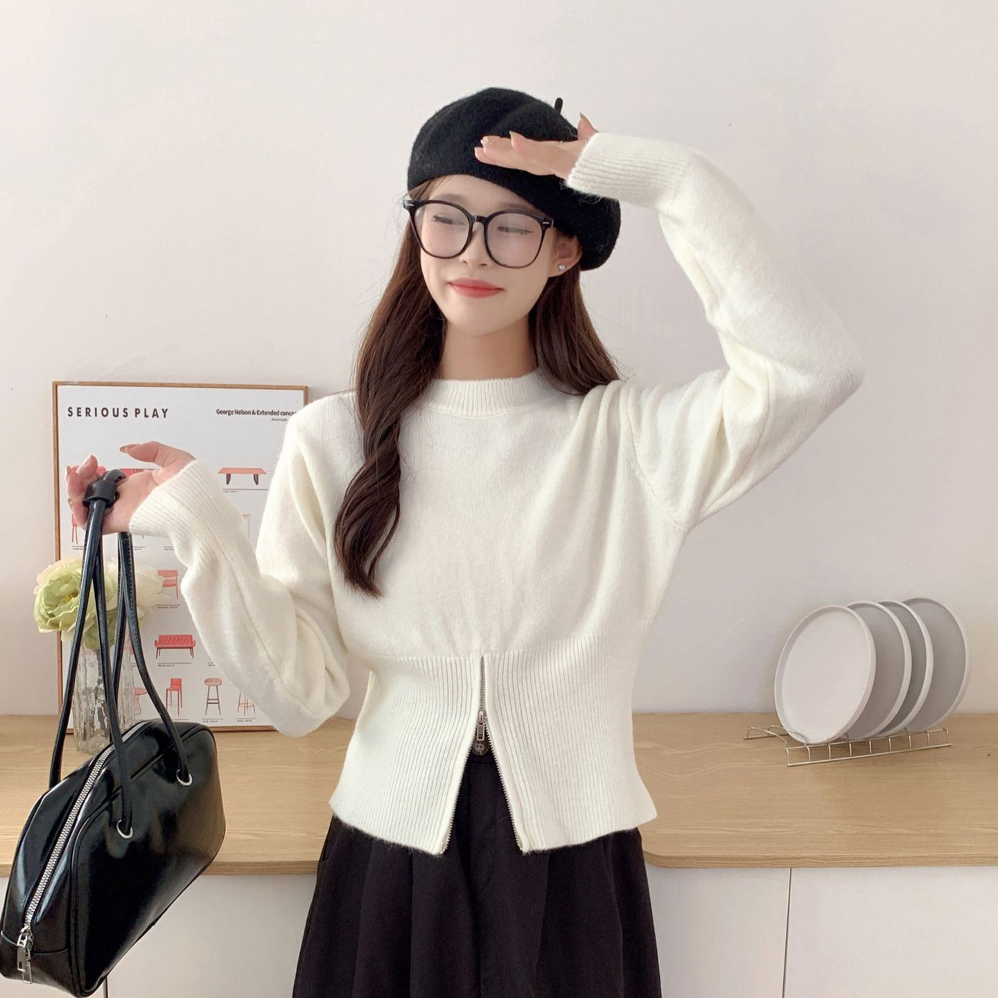 가을 겨울 신상 라운드 긴 소매 부드러운 찹쌀 밑단 트임 디자인감 작은 블