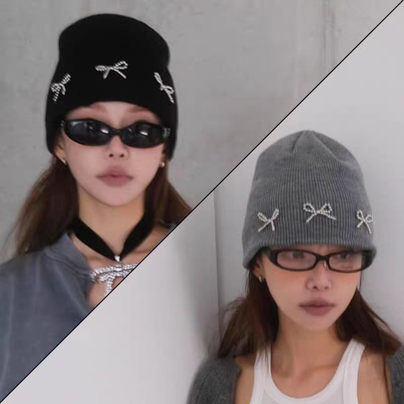 秋冬の女性用帽子、蝶結びニットつば帽子、ブロガーと同じスタイル、小顔プルオーバー防寒帽子、頭囲の大きいウール帽子|undefined