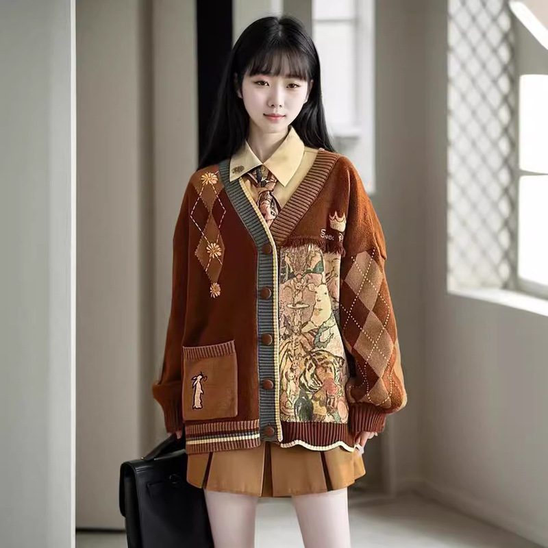 春秋新款甜美清新印花开衫毛衣女美拉德棕色V领针织外套宽松显瘦|undefined