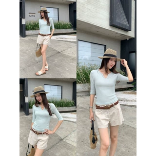 欧货天丝亚麻气质女士V领中袖T恤女夏季2026新款高智精美上衣
